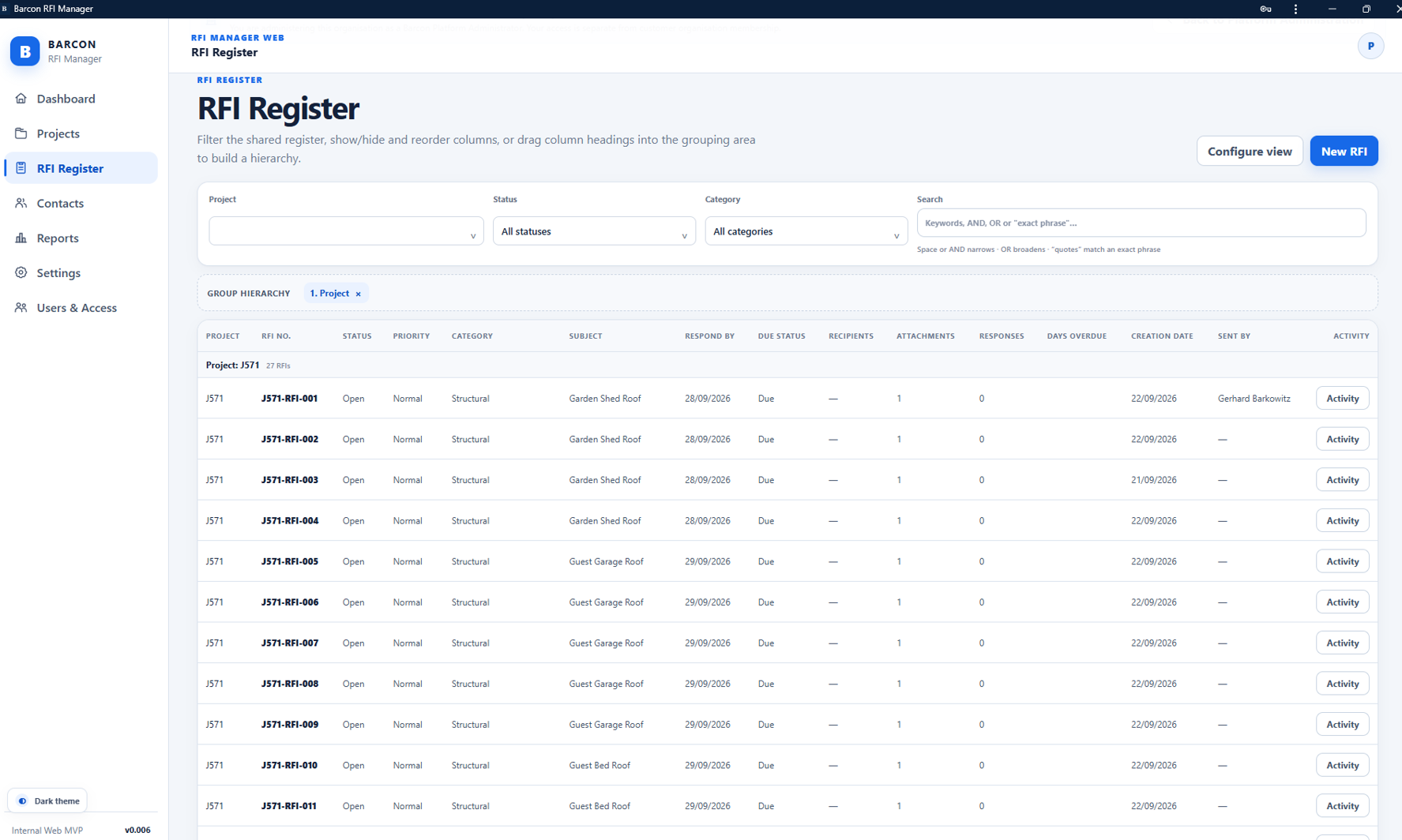 Barcon RFI Manager Web register screen