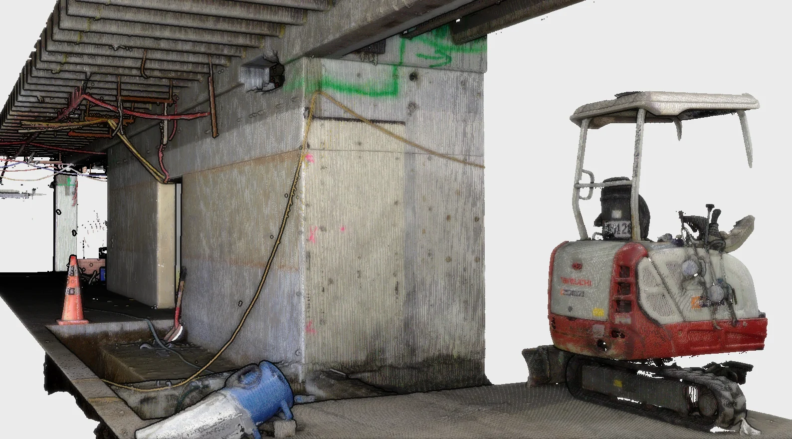 Point-cloud sample of a construction environment with existing structure and site equipment